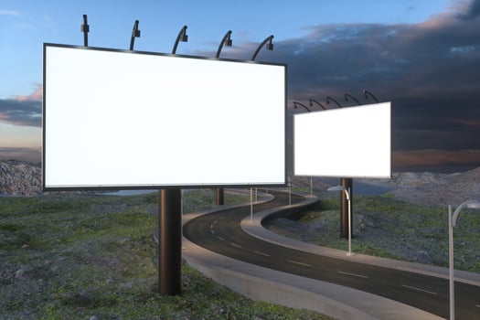 Blank advertising board and winding road, 3d rendering photo