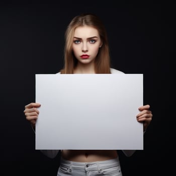 AI generated Sad girl holding a blank white board in dark background photo