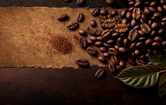 This is an image of fragrant coffee beans on a rustic tabletop background. There is ample copy space available for a banner. AI Generative photo