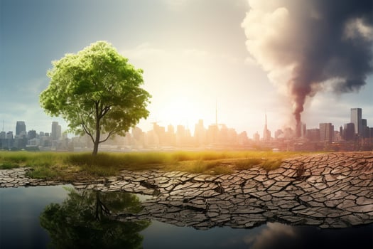 Global warming concept, Green Earth versus polluted arid landscape backdrop AI Generated photo