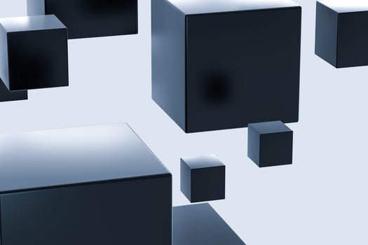 Dark cubes randomly distributed in the air, 3d rendering. photo