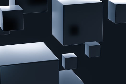 Dark cubes randomly distributed in the air, 3d rendering. photo