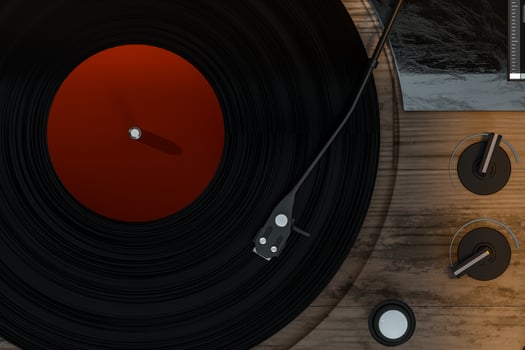 The old wooden vinyl record player on the table, 3d rendering. photo