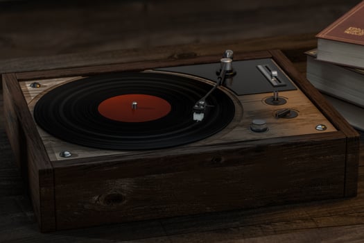 The old wooden vinyl record player on the table, 3d rendering. photo