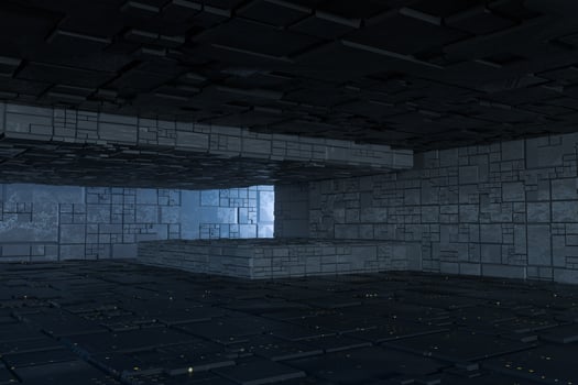 Dark ruins with circuit texture wall, sci-fi architecture background, 3d rendering. photo