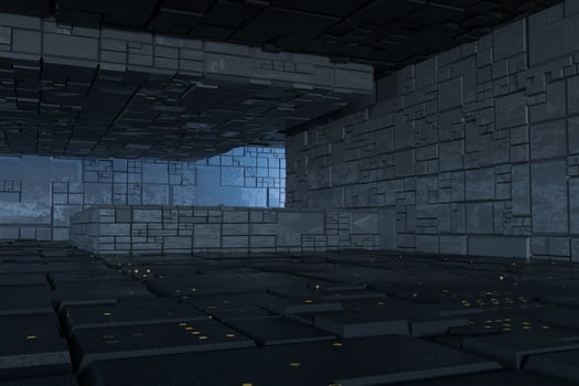 Dark ruins with circuit texture wall, sci-fi architecture background, 3d rendering. photo