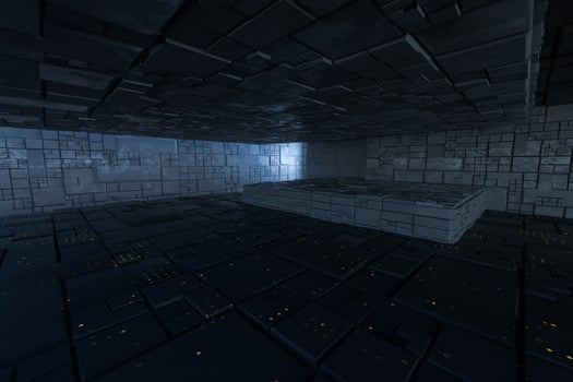 Dark ruins with circuit texture wall, sci-fi architecture background, 3d rendering. photo