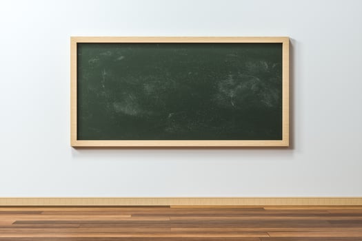 A classroom with a blackboard in the front of the room, 3d rendering. photo