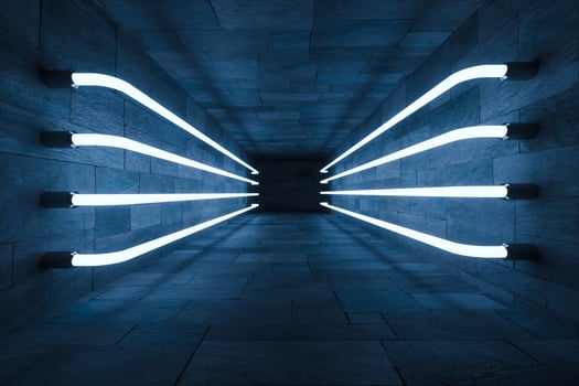 3d rendering, glowing magic lines in anbanoned room, dark background photo