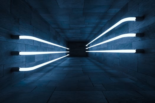 3d rendering, glowing magic lines in anbanoned room, dark background photo
