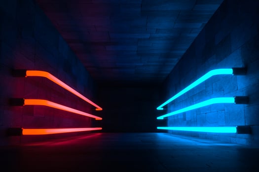 3d rendering, glowing magic lines in anbanoned room, dark background photo