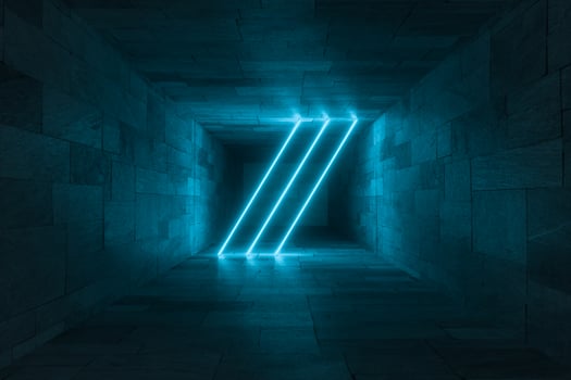 3d rendering, glowing magic lines in anbanoned room, dark background photo