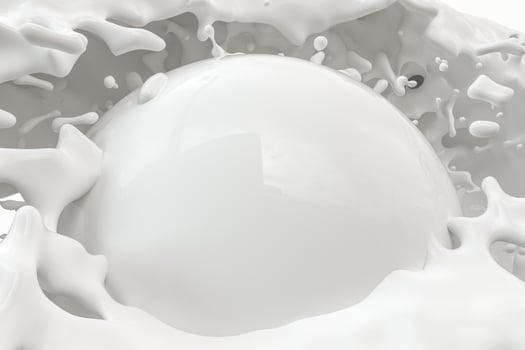 Purity splashing milk with flying spheres, 3d rendering. photo