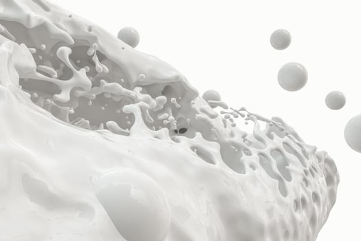 Purity splashing milk with flying spheres, 3d rendering. photo