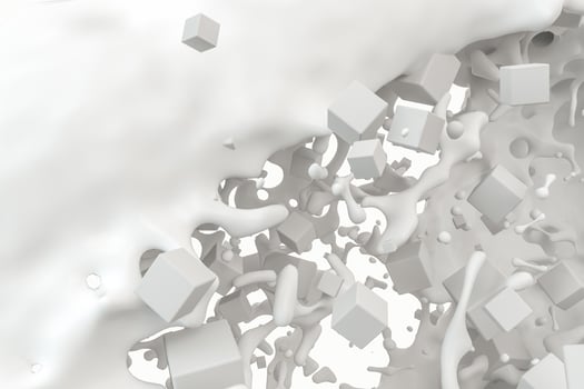 Purity splashing milk with flying cubes, 3d rendering. photo