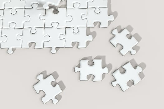 Scattered blank puzzles with white background, 3d rendering. photo