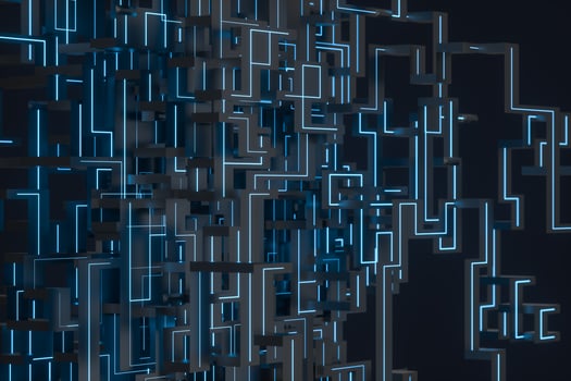 Blue cyber space with crossed glowing lines, 3d rendering. photo