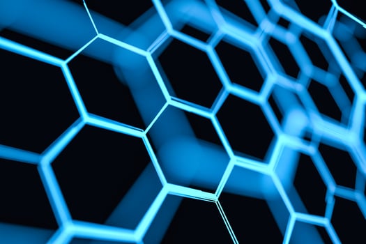 Blue hexagon and glowing lines crossed, 3d rendering. photo