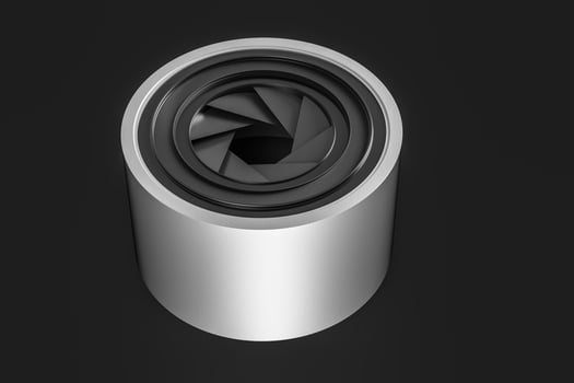 3d rendering, camera lens in a dark studio background photo