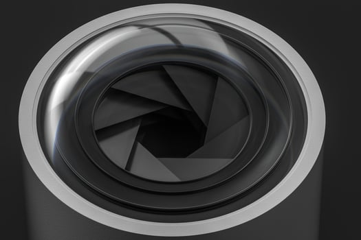 3d rendering, camera lens in a dark studio background photo