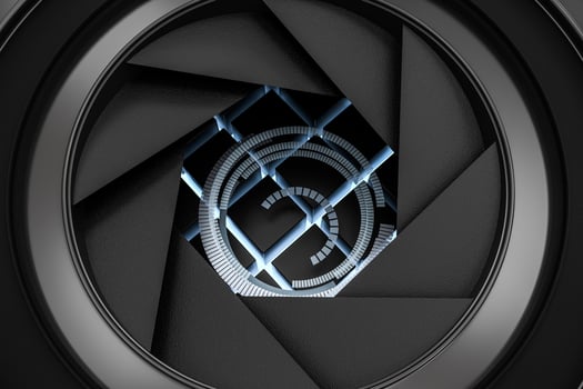 3d rendering, camera lens in a dark studio background photo