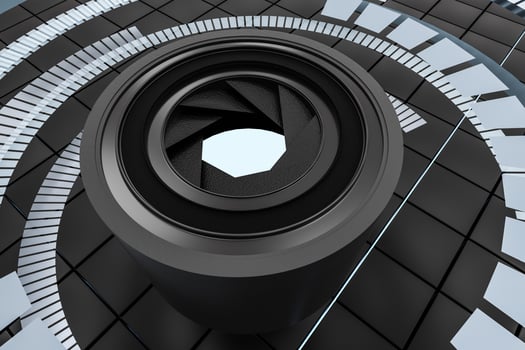 3d rendering, camera lens in a dark studio background photo