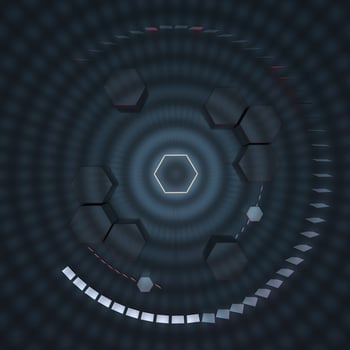 Hexagon cube with dark background, surrounded by glowing lines, 3d rendering. photo