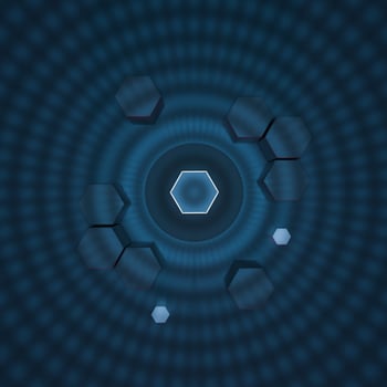 Hexagon cube with dark background, surrounded by glowing lines, 3d rendering. photo
