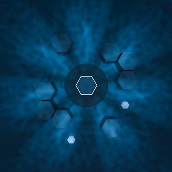 Hexagon cube with dark background, surrounded by glowing lines, 3d rendering. photo