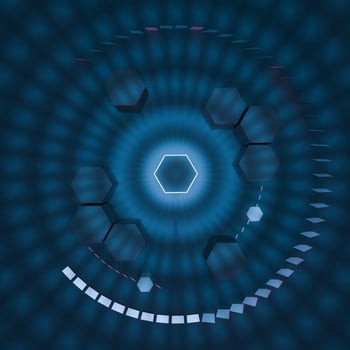 Hexagon cube with dark background, surrounded by glowing lines, 3d rendering. photo
