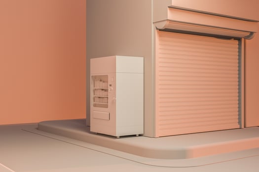 The street corner of a city, with a vending machine by the road at sunset, 3d rendering. photo