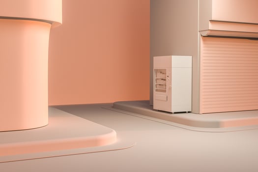 The street corner of a city, with a vending machine by the road at sunset, 3d rendering. photo