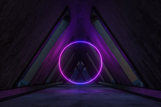 Fantasy concrete tunnel building with glowing neon light. 3d rendering. photo