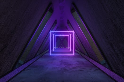 Fantasy concrete tunnel building with glowing neon light. 3d rendering. photo
