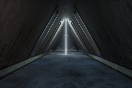 Fantasy concrete tunnel building with glowing neon light. 3d rendering. photo
