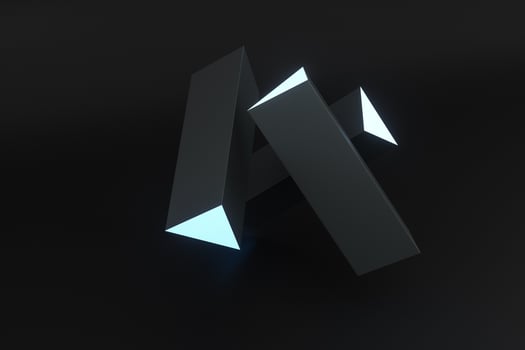 3d rendering, blue glowing triangle pillar with dark background, photo