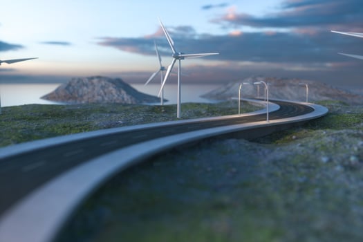 Windmills and winding road in the open, 3d rendering. photo