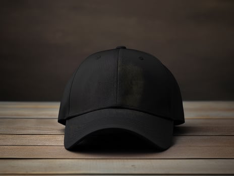 Product mock up design of a blank black cap on a wooden table photo