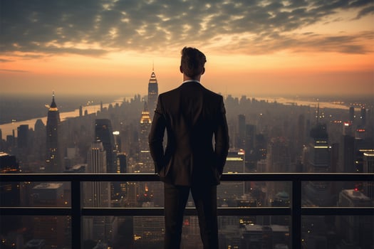 Confident businessman on rooftop gazes at city silhouette AI Generated photo