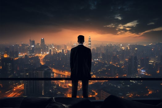 Confident rooftop businessman contemplates the city skyline with unwavering determination AI Generated photo