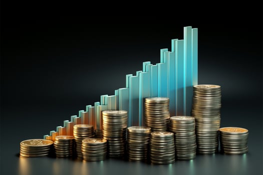Stacked money shapes chart, 3D arrow signifies financial growth concept AI Generated photo