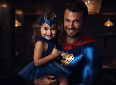 A woman dressed as a super hero and her daughter in spandex holding her photo