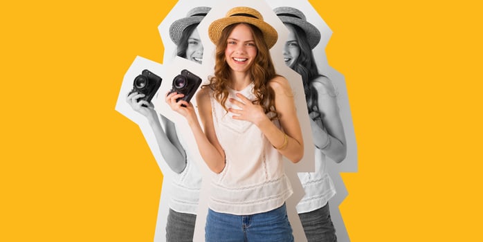 yellow background collage of young pretty woman in summer vacation style outfit holding vintage photo camera posing in straw hat, fashion trend, smiling natural look, sincere laughing, true emotion
