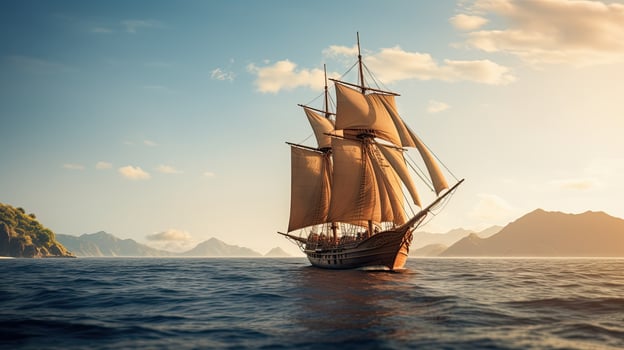 Portrait Pinisi ship sailing on the sea with light exposure AI Generative photo