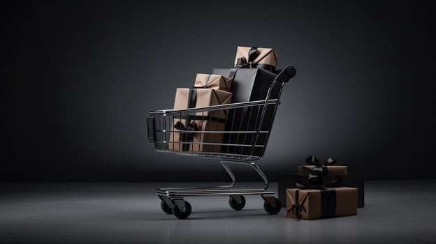 Portrait shopping cart with gift boxes AI Generative photo