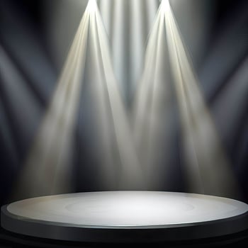 Stage, empty round podium illuminated by white beams spotlights, projectors, vector realistic isolated on black background. Transparent light effect design element for theater, studio. Generative AI photo