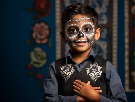kid in Day of the Dead makeup with playful emotional dynamic pose AI Generative photo