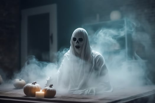 Human in spooky ghosts costume flying inside the old house at night. Spooky halloween background with ghost. Ghost on halloween celebration concept by AI generated photo