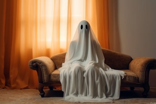 Human in spooky ghosts costume flying inside the old house at night. Spooky halloween background with ghost. Ghost on halloween celebration concept by AI generated photo