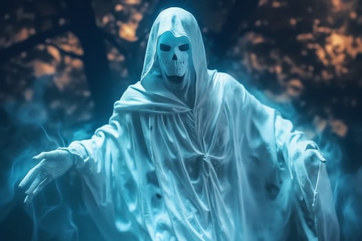 Human in spooky ghosts costume flying inside the old house at night. Spooky halloween background with ghost. Ghost on halloween celebration concept by AI generated photo